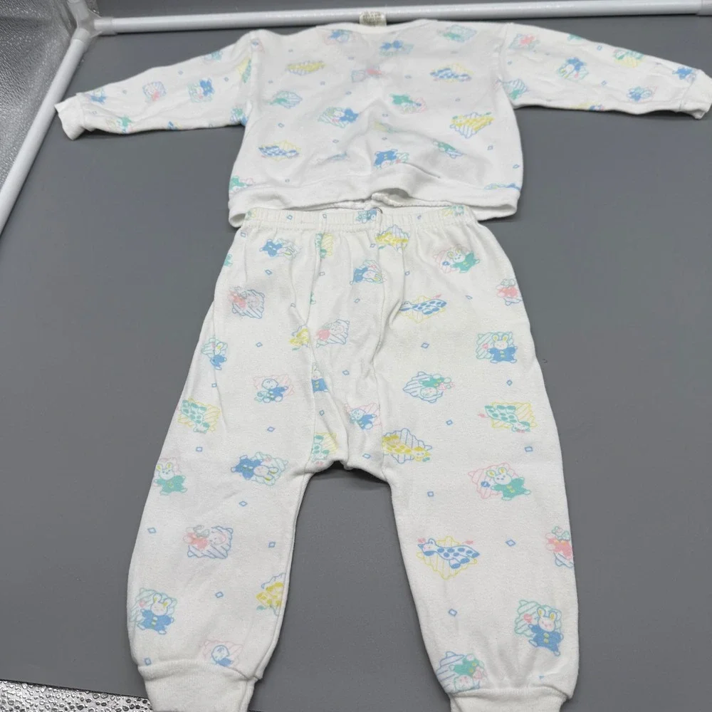 Vintage 1987 WeeWear Oneita Baby Pajamas 6M Pastel Animal Print 2pc Set USA